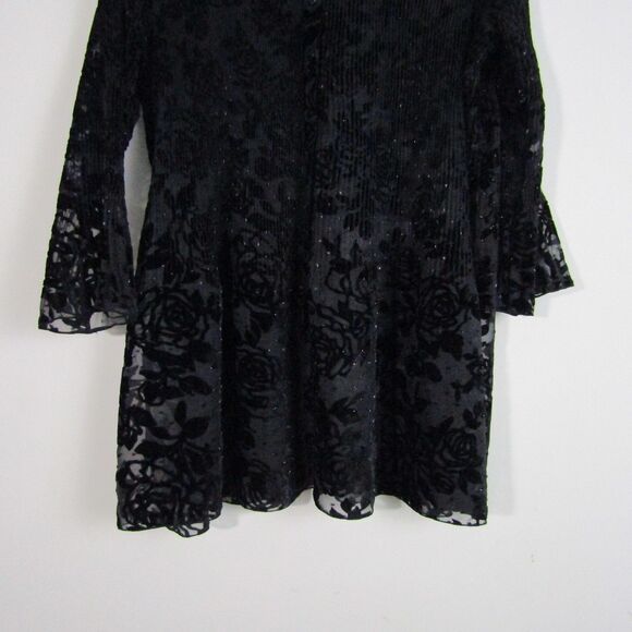 Women's Top L Black Burnout Velvet Roses Witchy Pleated Gothic Whimsygoth Sheer - Picture 2 of 14